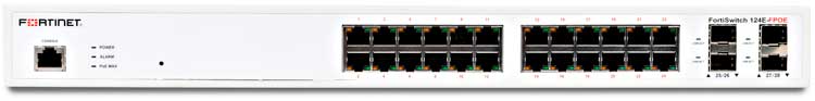 Switch PoE FortiSwitch FS-124E-FPOE com 24 portas RJ-45 GE e 4 SFP